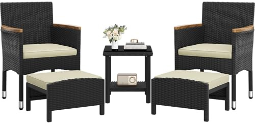 Soberine Set di 5 Mobili da Giardino in Rattan PE con 1 Tavolo in Vetro e 2 Poltrone e 2 poggiapiedi Set Mobili da Esterno per Balcone Terrazza Nero/Beige