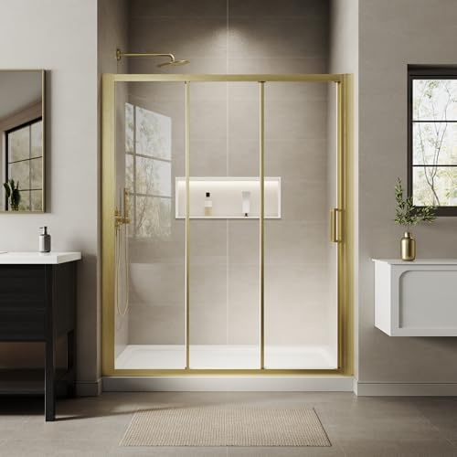 ComfyStyle 56-60 W x70 H Triple Sliding Shower Door with Large 32 1/8 Walk-in Opening, Glass Shower Doors with 1/4 (6mm) Clear SGCC Tempered Glass, Brushed Gold Finish, Reversible Installation