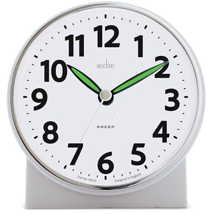 Acctim Micah Alarm Clock, Analogue Display, Non-Ticking, Blue LED Backlight, White (Silver)