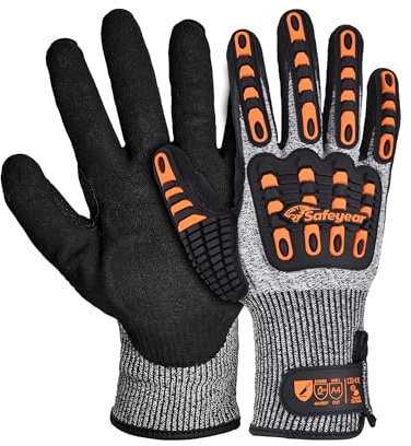 SAFEYEAR Level 5 Gants de travail résistants aux coupures avec revêtement en sable nitrile avec protection contre les chocs en TPR, jaunes, antidérapants, anti-vibrations, avec écran tactile, taille