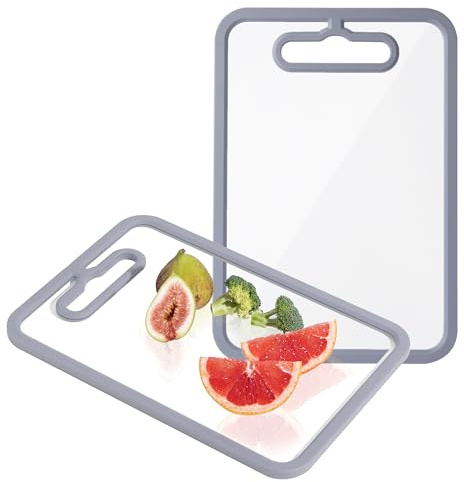 FYCTIO Glass Cutting Board for Kitchen, 2Pcs Tempered Glass Chopping Board with Non-Slip Edges, Dishwasher Safe Clear Cutting Board Set for Countertop, Heat & Shatter Resistant, Gray 15×11 & 13×9