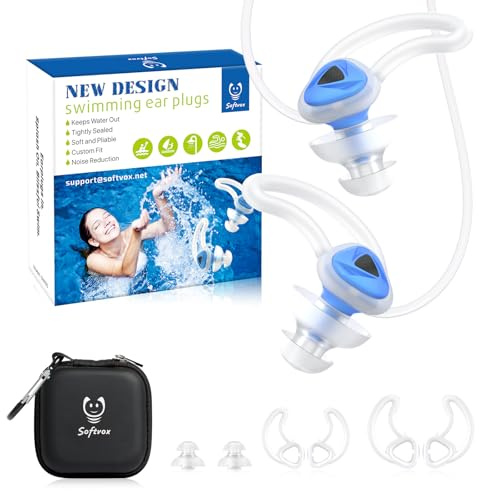 Softvox Ear Plugs for Swimming Surfing with Lanyard, Block Out Water Let Sound in, Reusable Comfy Custom-fit Swim Waterproof earplugs Men Women for Swimmer Shower Pool Bath Kayaking Water Sports