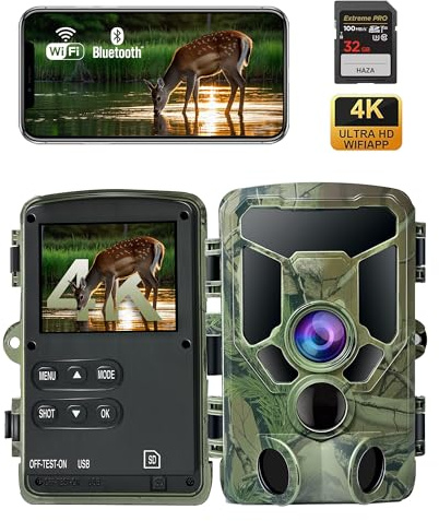 HAZA Caméra de Chasse WiFi 4K, Piège Photo Vision Nocturne, IP66 Animaux | Connectée Téléphone Bluetooth, Détection 0,1s, Angle 120°, Infrarouge 940nm, Carte SD 32Go, Extérieur