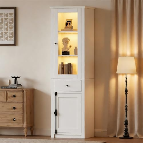 Shye Armario alto 55 x 40 x 200 cm, vitrina con un cajón, vitrina de pie con 2 puertas de armario, vitrina de cristal, color blanco, asas de metal y aleación de aluminio