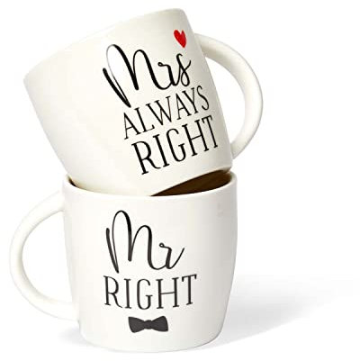 Occasion Lot de 2 tasses à thé ou à café en céramique avec inscription « Mr Right & Mrs Always Right » - Passe au lave-vaisselle et au micro-ondes