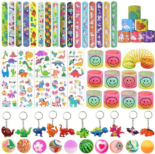 LATERN 58 Pezzi Riempitrici per Sacchetti da Festa per Bambini, Bomboniere Colorate con 12 Molle, 16 Fasce Schiaffo, 10 Palline Rimbalzanti, 10 Portachiavi, 10 Tatuaggi Temporanei - per Premi Regalo