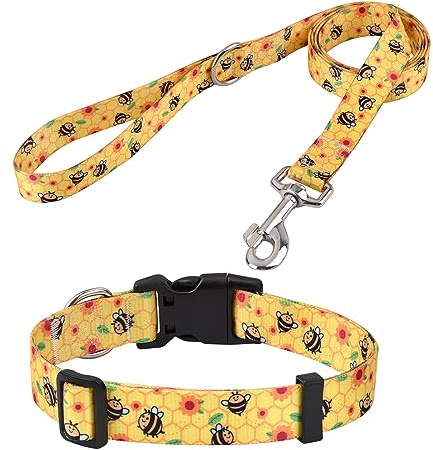 Mihqy Dog Collar and Leash Set, for Large Dogs, Bee Set,L | with Fashion Patterns, Adjustable for Small Medium Large Dogs, Comfortable for Walks and Outdoor Hikes
