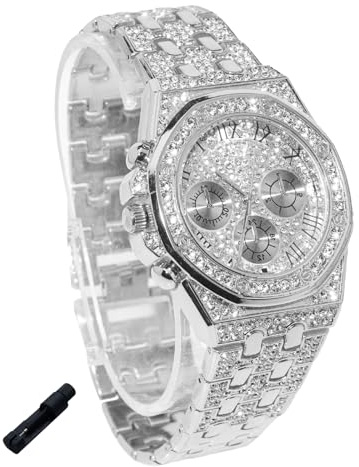 genkigold Diamantklocka för tonårspojkar - åttakantig urtavla 38 mm romerska siffror - äkta guldpläterad 18K/platina-armband 19,5 cm - justeringsverktyg ingår, kan kombineras med kubansk kedja