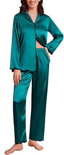 Ekouaer Satin Pajama Set Silk Long Sleeve PJS Silky Button Down Pajamas Ruffle PJ for Women Set 2piece Silk Outfits Teal Medium