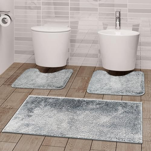Comart - Trío de alfombras Faith Baño - Juego de Alfombrillas de baño: 1 Alfombra Rectangular de 45 x 75 cm + 2 Ronda de Agua de 45 x 75 cm - Suaves y peludas - Secado rápido y Antideslizante