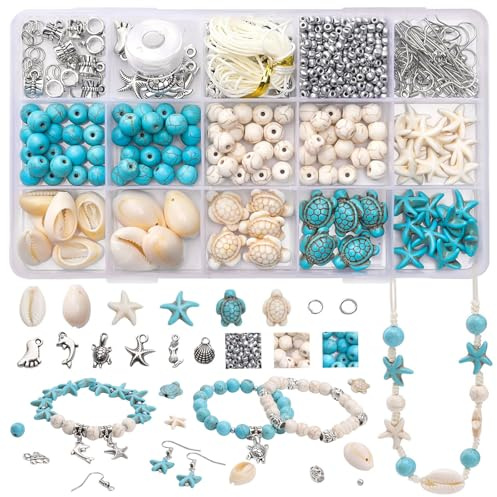 715Pcs Ocean Jewellery Making Kit for Jewellery Making, Ocean Beach Theme Shell Charms & Turquoise Beads with Turtle Dolphin Starfish Alloy Pendants, Sea Charms for Bracelet Necklace Earring DIY Craft