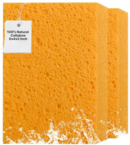 2 PCS Large Natural Cellulose Sponges 6x4x2 Inch - Super Absorbent and Biodegradable, Perfect for Home & Kitchen Cleaning, Boat Bail, Car Washing