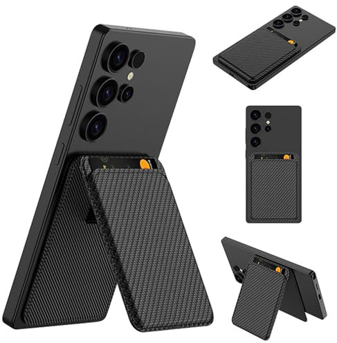 Miimall Magnétique Coque pour Samsung S25 Ultra, Porte-Cartes (2 Cartes) & Béquille Réglable en Cuir Coque avec Mag-Safe, Léger Protection Intégrale Antichoc Étui S25 Ultra, Fibre de Carbone