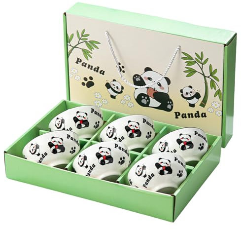 Tefrine Niedliches Panda-Schüssel und Essstäbchen-Set für Suppe und Reis, Keramik, Geschenk, 6-teiliges japanisches Geschirr-Set, Ramenschalen, mikrowellengeeignet, Reisschalen, 6-teilig, ideal für