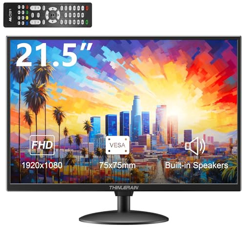 Thinlerain Monitor PC de 21,5 Pulgadas con Pantalla LED 1920x1080p, VGA/HDMI/AV/BNC/USB, Altavoz Incorporado, 5Ms, 60 Hz, Montaje VESA, Negro