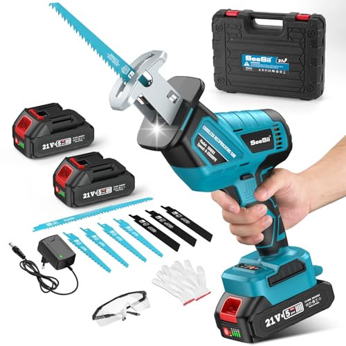 SEESII Sierra Sable Inalámbrica 21V, Sierra Alternativa de 2 Baterías 4.0Ah, 3500 RPM motor sin escobillas, luz LED, 8 hojas de sierra portátil para madera PVC de corte