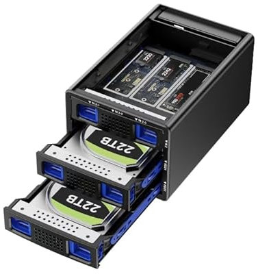 Hybrid 2*3.5 HDD+3*M.2 NVMe Gehäuse mit Lüfter für 2.5/3.5 SATA HDD/SSD, USB3.2 Gen2 10Gbps Festplattengehäuse unterstützt 2230/42/60/80/110 SSD mit 68TB Kapazität (2*22TB HDD+3*8TB M.2 SSD)