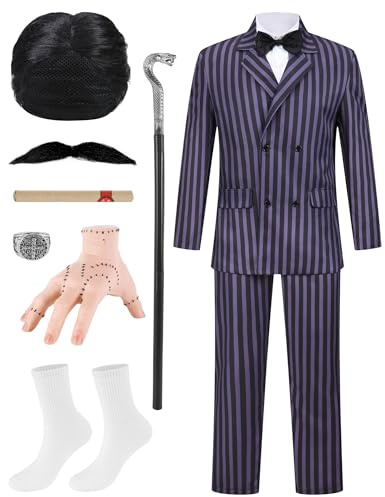 Men Pinstripe Suit Costume Gangster Costumes Deluxe 11Pcs Set Striped Jacket Pants Halloween Cosplay Party Outfit, Black, Large