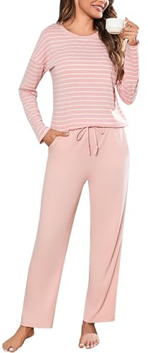 Bresdk Pijama Mujer Invierno Algodón Ropa de Dormir Camiseta de Manga Larga Largo Pantalón Pijama para Mujer