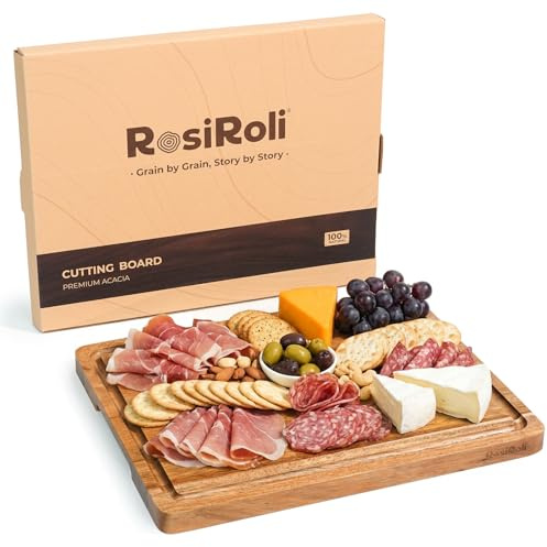 RosiRoli Acacia Wood Cutting Board for Kitchen - 13x10 Everyday Chopping Board with Handles and Juice Grooves, Soild Wood Serving Tray for Cheese & Meat, Ideal Gift for Housewarming & Christmas