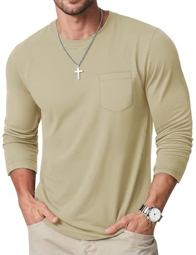 MAGCOMSEN Camiseta de Manga Larga Informal de algodón con Bolsillo para Hombre a la Moda