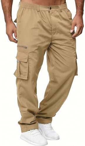 Volemo Mens Cargo Trousers Cotton Casual Cargo Pants Elasticated Waist Relaxed Fit 6 Pockets for Work Wear Khaki XL