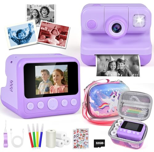 Elecoutek Kids Camera Instant Print, 30MP 1080P HD Digital Camera for Kids with 4 Rolls Print Paper & 32GB Card, Christmas Birthday Gifts Kids Toys for 3-12 Years Old (Purple)