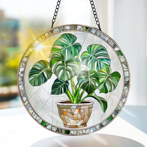 Bimkole Plante Verre Coloré Suspendu - Pothos Décoration de Fenêtre Suspendue - pour Jardin, Fenêtre et Porte, Noël, Décoration de Suncatcher Faite à la Main 20x20 cm