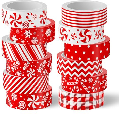 Whaline 12 Rolls Christmas Candy Washi Tape Masking Tape Set Red Peppermint Plaid Stripe Decorative Wrapping Paper Tapes for Xmas Scrapbook Journal DIY Art Crafts