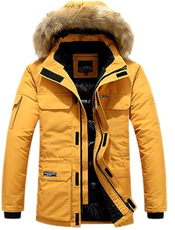 Generisch Parka invernale da uomo con cappuccio in pelliccia sintetica rimovibile – Giacca impermeabile e calda imbottitura | Giacca funzionale con molte tasche, Stil_a04 Giallo, XXL