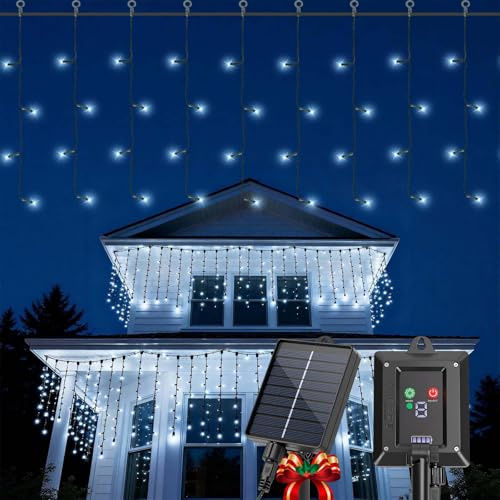 Aigostar Cortina Luces para Exterior Solares 3M+5M*0.4M 100 LED: 8 Modos Cortinas de Luz Exterior - IP65 Visualización del nivel de batería para Bodas Fiestas. Luz Blanca Fría