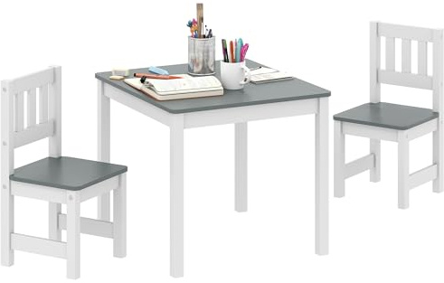 AIYAPLAY Set Tavolo e 2 Sedie per Bambini 3-8 Anni, Tavolino per Bambini con Sedie con Schienale a Doghe, Angoli Arrotondati, in Legno di Pino e MDF per Cameretta e Salotto, Grigio e Bianco