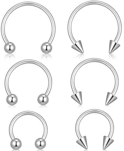 Yolev 6 st hästsko näsring 16 g kirurgiskt stål septum piercing smycken hästsko ring örhänge läppringar öra helix brosk daith snäcka hästsko näsring för kvinnor män 8/10/12 mm silver