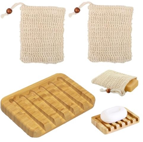 VAEIORP 1 Set Porta Sapone in Teak Design a Cascata, Portasapone in Legno per Bagno, Cucina, Lavandino e Piano di Lavoro con Due Reti per Bolle Incluse