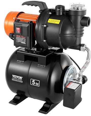 VEVOR Övertrycksgrupp 735 W pump med trycktank 19 L för grunt brunn trädgårdsvattning, 3785 L/h, med filter, backventil, automatisk superpressor, tryckbrytare 1,4–2,8 bar