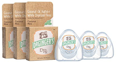 Dr. Ginger's White Charcoal Dental Floss - Flat Glide Action for Tight - 32yds - 3 pcs