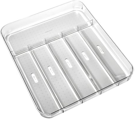 madesmart Premium Clear Silverware Tray, 6 Compartment Flatware Organizer for Forks, Knives & Spoons, Soft Grip Lining & Non Slip Base, Grey