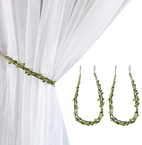 Valea Home Curtain Tiebacks Ropes Natural Burlap Rope Holdbacks with Artificial Vines Fake Foliage Ivy Leaf for Rustic Wedding Party Home Decorative Curtain Holders, Set of 2