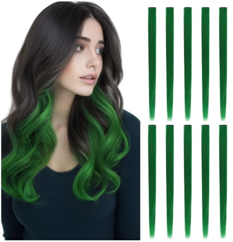 10 Pcs Colored Hair Extensions Clip for Women 22 Inch Colorful in Hair Extensions Straight Synthetic Hairpieces for Fashion Party Hair Accessories（Straight,Green）
