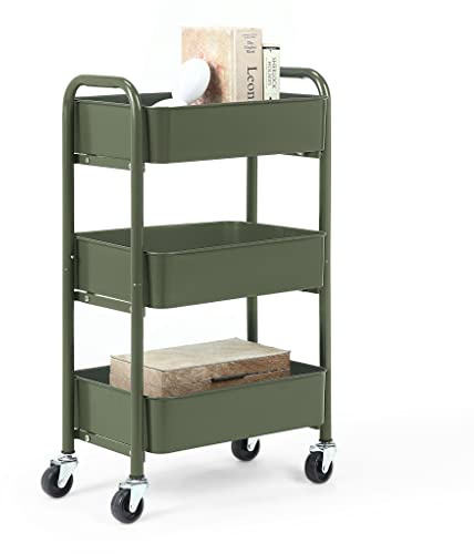 SunnyPoint 3-Tier Delicate Compact Rolling Metal Storage Organizer - Mobile Utility Cart Kitchen/Under Desk Cart with Caster Wheels - Army (15.35 X 10.24 X 26.8H)