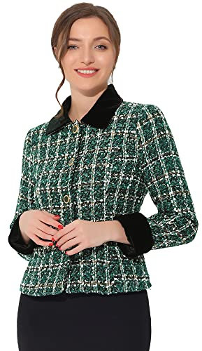 Allegra K Damen Winter Herbst Tweed Cropped Anzug Blazer Vintage Arbeit Büro Kurz Tweed Jacke Mantel, Grün , S