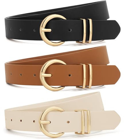 XZQTIVE 3 Pack Women Belts For Jeans Dresses Pants Ladies Leather Waist Belt with Gold Buckle