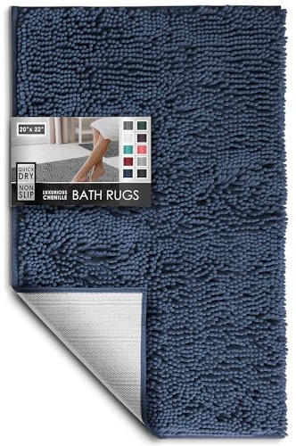 Hearth & Harbor Bathroom Rugs, Chenille Bath Mat - Machine Washable Bath Mats for Bathroom Non-Slip Backing Rubber, Quick Dry Bathroom Mat, Medium Navy