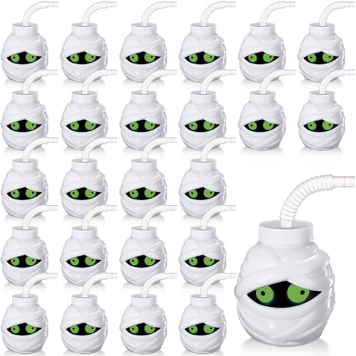 Umigy 24 Pcs Halloween Cup with Lids 10 oz Halloween Party Cups for Kids with Lid and Straw for Gift Supplies(Mummy Shaped)