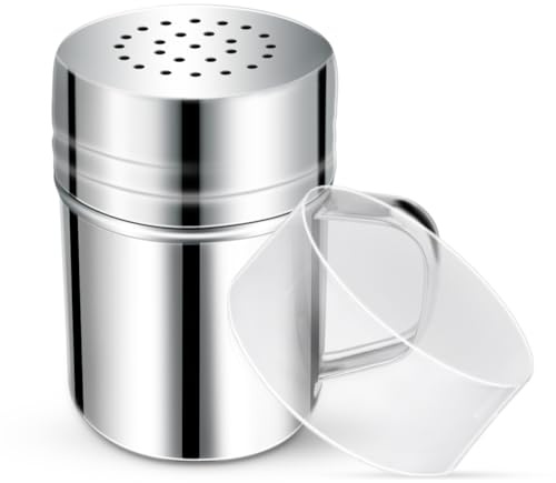 Stainless Steel Dredge Shaker Spice Shakers with Handle Powdered Sugar Shaker Pepper Shakers 6 Oz Metal Salt Shaker with Holes and Lid Fine Powder Shakers for Cinnamon Cocoa Flour Baking Seasoning