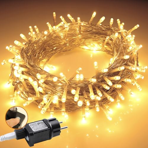Catena luminosa a LED per esterni, 60 m, 600 LED, catena luminosa per esterni, resistente alle intemperie, con spina, illuminazione natalizia esterna, luce bianca calda, con 8 modalità e funzione