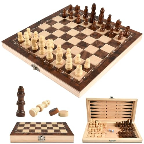 Juego de Ajedrez 3 En 1 de Madera, Tablero de Ajedrez Plegable, Juegos de Ajedrez y Damas, Backgammon, Tablero Ajedrez Madera Chess Set Juego Ajedrez para Niños y Adultos Juegos al Aire Libre (24cm)