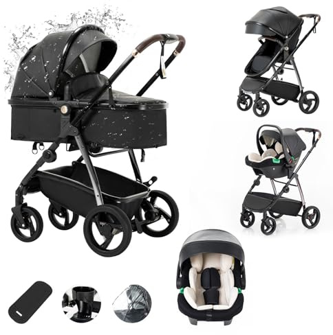 Zkiprm 3 in 1 Stroller, Waterproof Leather Travel System | One-Click Folding Baby Stroller - Rain Cover Aluminum Frame Reversible Anti-Vibration Pushchair for Newborn 0-4 Years