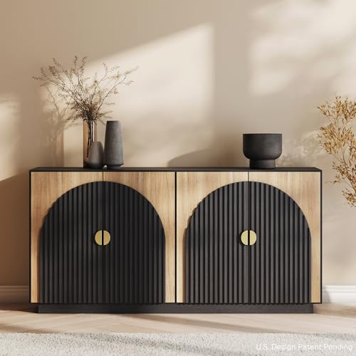 BELLEZE 65 Inch Fluted Buffet Cabinet with Storage, Symmetrical Arc Accent Sideboard Large Console Table for Dining Room, Kitchen, and Living Room (Camel)