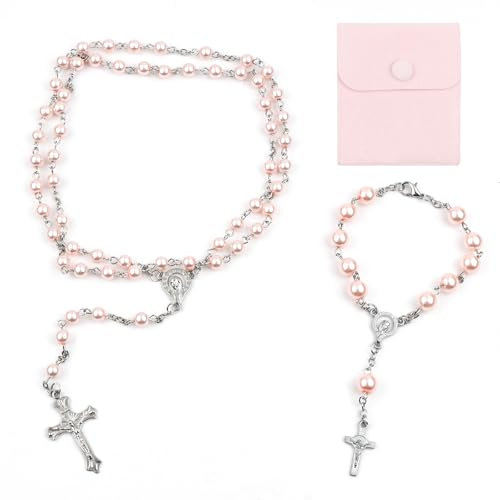 PLCatis Katholische Rosenkranz Kette Armband, Vintage Kruzifix Perlen Rosa Rosenkranz Halskette, Christliche Gebet Perle Rosary mit Samtbeutel, Taufe Kommunion Rosenkranz Hochzeit Party, Perla 6 mm